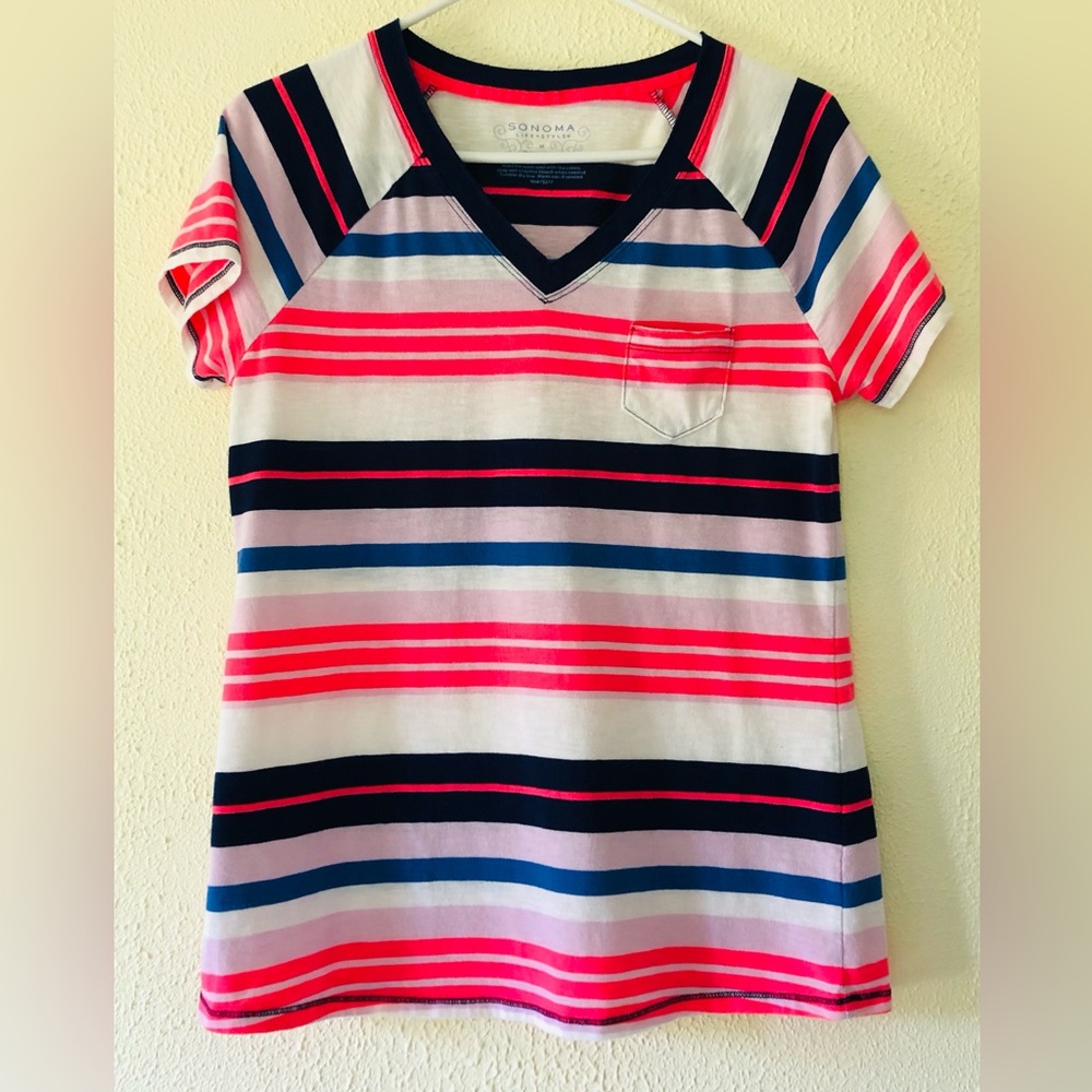 Sonoma Striped V‑Neck Tee in Neon Pink, Navy, Blue & White